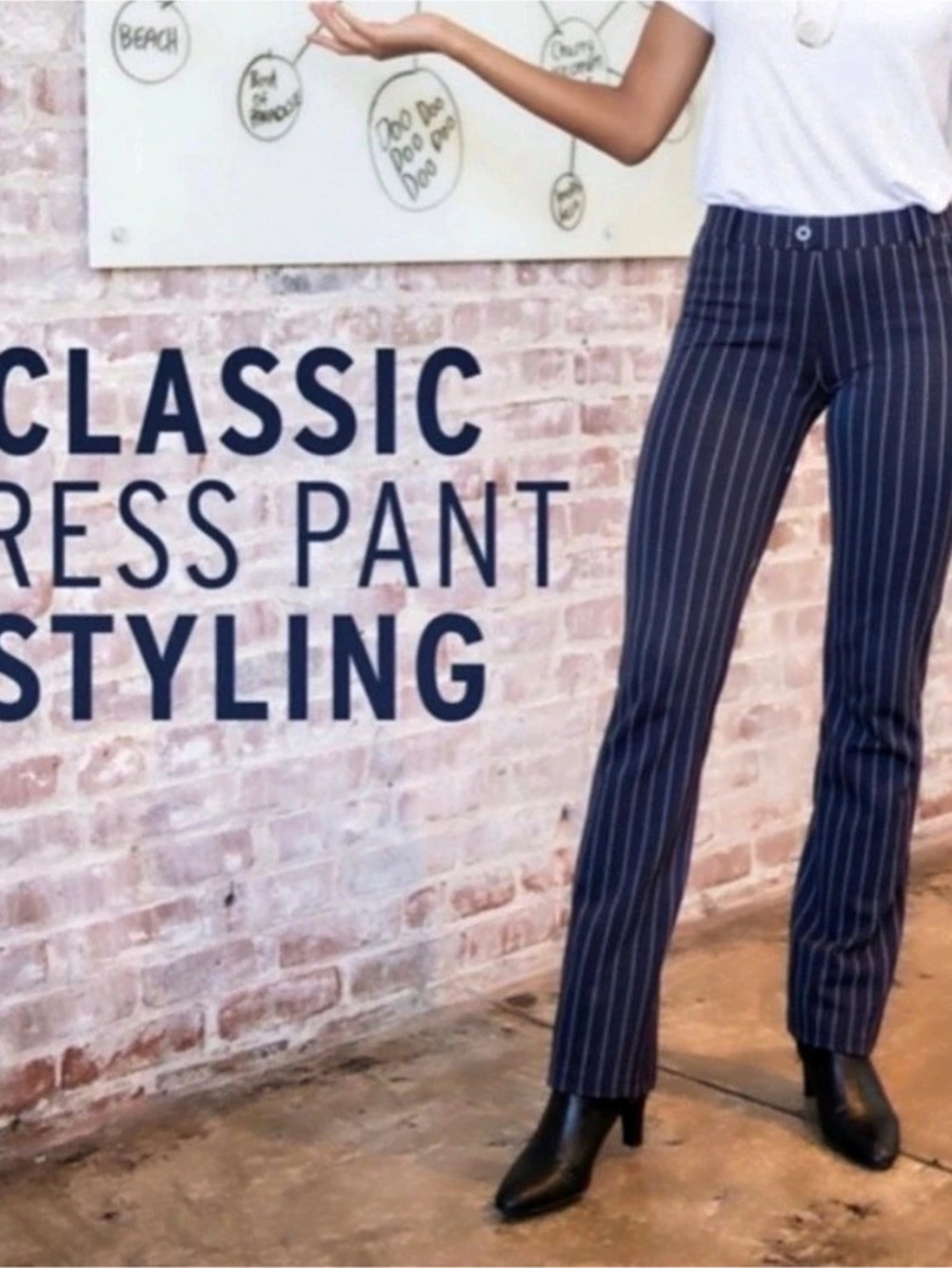 Betabrand Yoga Slacks- Striped Trousers in Navy Blue & White Medium Petit